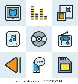 Music icons colored line set with multimedia, audio mixer, cellphone and other tuner elements. Isolated vector illustration music icons.