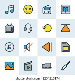 Music icons colored line set with top, gadget, radio and other headset elements. Isolated vector illustration music icons.