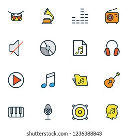 Music icons colored line set with soundtrack, folder, guitar and other keys elements. Isolated vector illustration music icons.