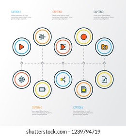 Music icons colored line set with song list, satellite, setting and other begin elements. Isolated vector illustration music icons.