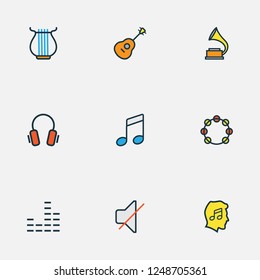 Music icons colored line set with strings, notes, fanatic and other harp  elements. Isolated vector illustration music icons.