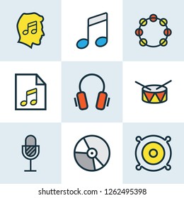 Music icons colored line set with headphone, speaker, drum and other list elements. Isolated vector illustration music icons.