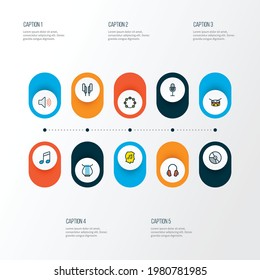Music icons colored line set with earphones, strings, headphone and other circle elements. Isolated vector illustration music icons.