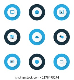 Music icons colored set with charge, laptop, cinema and other movie elements. Isolated vector illustration music icons.