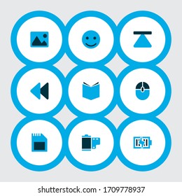 Iconos musicales coloridos con el ratón de ordenador, rebobinado, tarjeta sd y otros elementos de sonrisa. Iconos de música de ilustraciones vectoriales aislados.