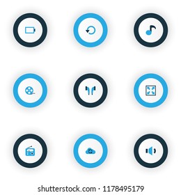 Music icons colored set with earmuff, energy, musical note and other filmstrip elements. Isolated vector illustration music icons.