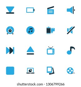 Music icons colored set with film, musical note, gallery and other multimedia elements. Isolated vector illustration music icons.