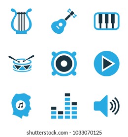 Music icons colored set with megaphone, meloman, sound and other piano elements. Isolated vector illustration music icons.