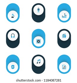 Music icons colored set with meloman, phonograph, mike and other radio elements. Isolated vector illustration music icons.