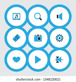Music icons colored set with mute, photo apparatus, remote and other magnifier elements. Isolated vector illustration music icons.