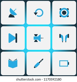 Music icons colored set with satellite, speaker, communication antenna and other satellite elements. Isolated vector illustration music icons.