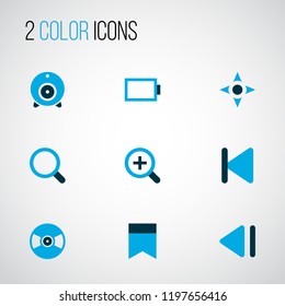 Music icons colored set with slow backward, controller, bookmark and other previous elements. Isolated vector illustration music icons.