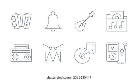 Music icons. Editable stroke. Containing accordion, bell, boombox, drum, mandolin, music, music folder, music player.