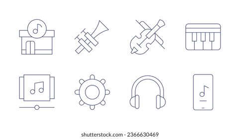 Music icons. Editable stroke. Containing fiddle, headphones, music, music app, music store, playlist, tambourine, trumpet.