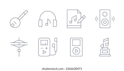 Music icons. Editable stroke. Containing banjo, cymbals, listen, mp player, music files, music player, sound system, trophy.