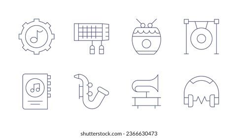 Music icons. Editable stroke. Containing drum, gong, gramophone, music, music book, musical instrument, saxophone.