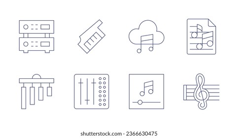 Music icons. Editable stroke. Containing amplifier, chime, keytar, mix, music cloud, music player, score, treble clef.