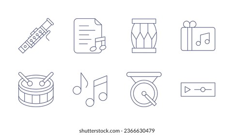 Music icons. Editable stroke. Containing bassoon, drum, gift card, gong, lyric, music.