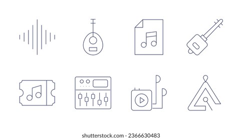 Music icons. Editable stroke. Containing audio waves, concert, laud, mixer, music file, music player, shamisen, triangle.