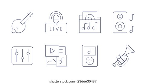Music icons. Editable stroke. Containing banjo, dj mixer, live, multimedia, music folder, music player, speaker, trumpet.