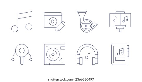 Music icons. Editable stroke. Containing french horn, headphones, music, music book, rattle drum, turntable, video editing.