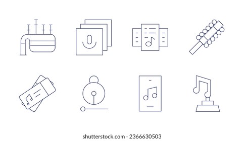 Music icons. Editable stroke. Containing bagpipe, concert, library, moktak, music files, music player, sleigh bell, trophy.
