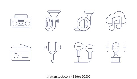 Music icons. Editable stroke. Containing french horn, headphones, music, music award, music tape, radio, tuba, tunning fork.