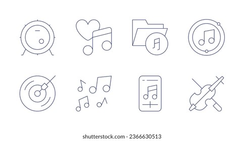 Music icons. Editable stroke. Containing bass drum, dj, love song, music folder, music player, violin, note.