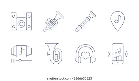 Music icons. Editable stroke. Containing flute, headphones, music, music app, music system, playlist, trumpet, tuba.