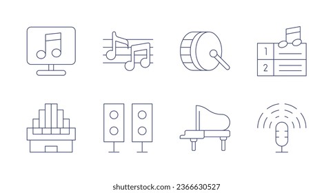 Music icons. Editable stroke. Containing drum, grand piano, music, musical note, organ, speaker.