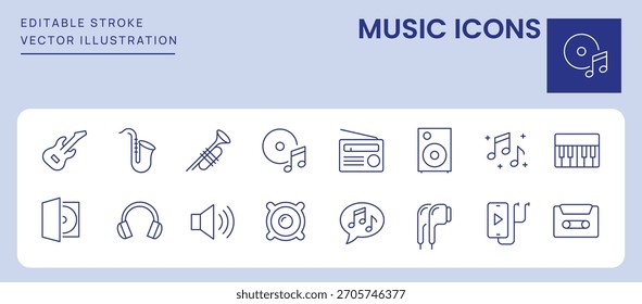 Iconos de música. Trazo Editable. Conjunto de iconos de línea delgada símbolo de colección.