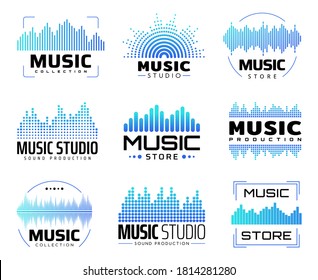 Music icons with equalizers, isolated vector symbols with audio or radio waves or sound frequency lines. Audio player display waveform, soundwave recorder signal. Music studio production labels set