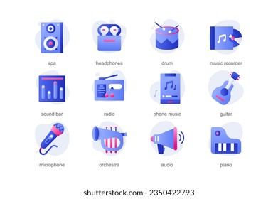 Iconos musicales en un diseño plano de dibujos animados con colores azules. Las caricaturas muestran instrumentos musicales como guitarra, tambores y otros. Ilustración vectorial.