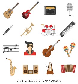 Music icons flat set with instruments and singer isolated vector illustration