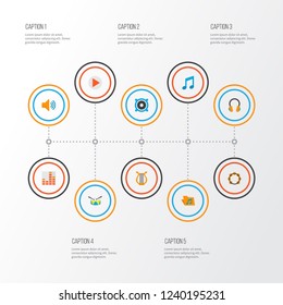 Music icons flat style set with voice, begin, bullhorn and other button elements. Isolated vector illustration music icons.