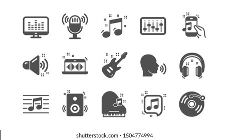 Music icons. Guitar, Musical note and Headphones. Jazz saxophone classic icon set. Quality set. Vector