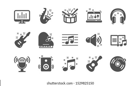 Music icons. Guitar, Musical note and Headphones. Jazz saxophone classic icon set. Quality set. Vector