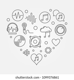 Music icons in heart shape. Vector i love music concept outline minimal illustration