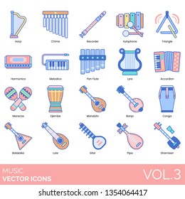 Music icons including harp, chime, recorder, xylophone, triangle, harmonic, melodica, pan flute, lyre, accordion, maracas, djembe, mandolin, banjo, conga, balalaika, lute, sitar, pipa, shamisen.