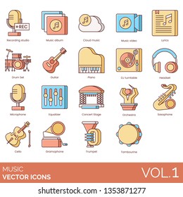 Music icons including recording studio, album, cloud, video, lyrics, vinyl, headset, earphone, microphone, concert stage, equalizer, DJ turntable, launchpad, amplifier, electric piano, drum set, bass.