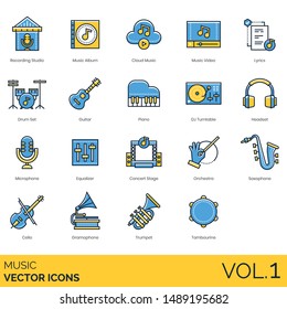 Music icons including recording studio, album, cloud, video, lyrics, drum, guitar, piano, turntable, headset, microphone, equalizer, stage, orchestra, saxophone, cello, gramophone, trumpet, tambourine