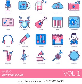 Music icons including recording studio, album, player, cloud, video, lyrics, drum set, guitar, piano, DJ turntable, headset, microphone, equalizer, concert stage, orchestra, saxophone, cello, trumpet.