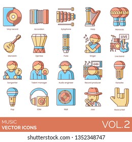 Music icons including vinyl record, accordion, xylophone, harp, maracas, mandolin, djembe, flute, singer, live band, songwriter, talent manager, audio engineer, producer, karaoke, pop, EDM, RnB, jazz.