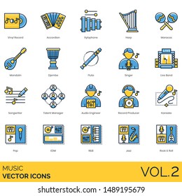 Music icons including vinyl record, accordion, xylophone, harp, maracas, mandolin, djembe, flute, singer, band, talent manager, audio engineer, producer, karaoke, pop, EDM, RnB, jazz, rock n roll.