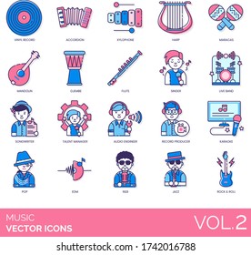 Music icons including vinyl record, accordion, xylophone, harp, maracas, mandolin, djembe, flute, singer, live band, songwriter, talent manager, audio engineer, producer, karaoke, pop, EDM, RnB, jazz.