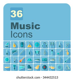 Music icons. Large icons set. Modern flat icons. Vector illustration of flat colored pictogram with long shadows. Sign and symbols for music.