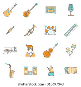 Music icons line set with pop rock and classic instruments isolated vector illustration