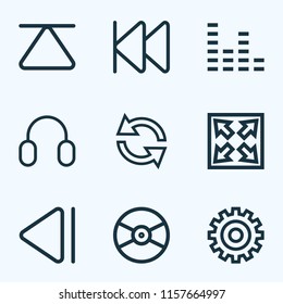 Music icons line style set with previous, top, setting and other turntable elements. Isolated vector illustration music icons.