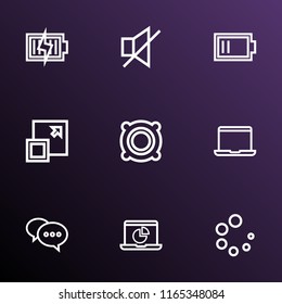 Music icons line style set with monitor, low battery, comment and other amplifier elements. Isolated vector illustration music icons.