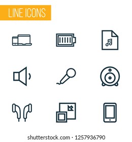 Music icons line style set with charge, smartphone, web cam and other broadcast elements. Isolated vector illustration music icons.